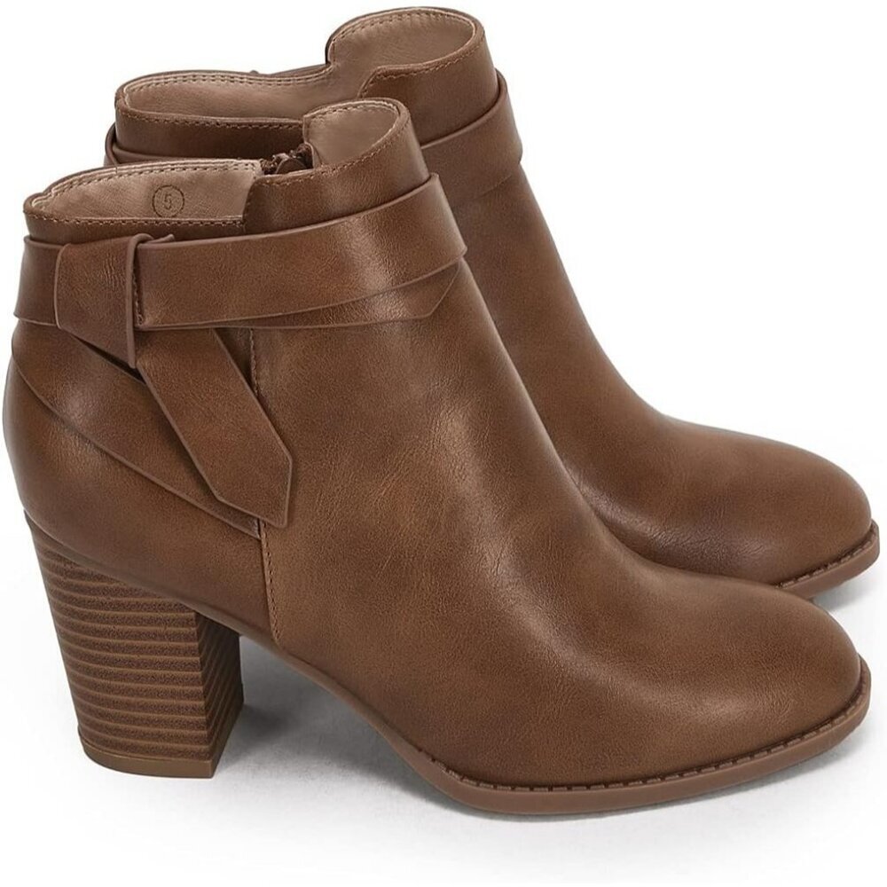 Women Light Brown Synthetic Tie Knot Stacked Heel Chelsea Pump Ankle Boots Shoes